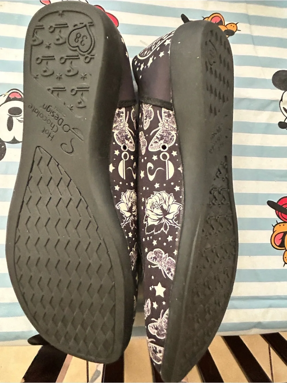 Hot Chocolate Black Slip-On Flats with Skeleton & Butterfly Print